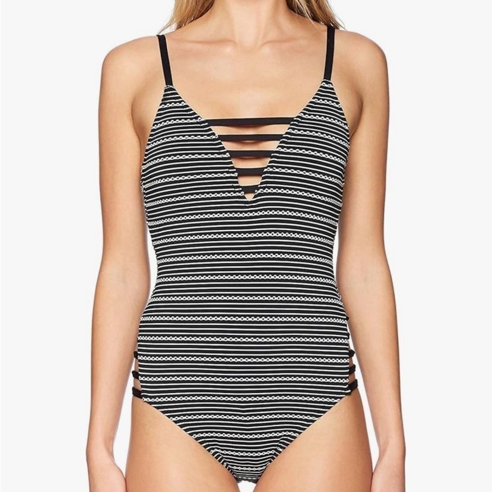 Jantzen Sport Womens Black White Striped Strappy‎ One Piece Swimsuit Large
